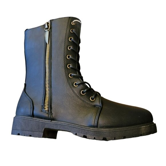 Seven7 Black Boots Mr. Zipper Brass Side Zip Lace-up Faux Leather Size 10 JJ3363 - Picture 7 of 11